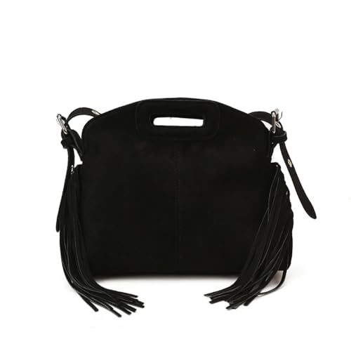 Women's Suede Fringe Crossbody Bag, Retro Hollow Handle Shoulder Purse, Novelty Fashion Tassels Bucket Bag Handbag - color: Black