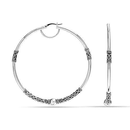 LeCalla 925 Sterling Silver Large Hoop Earrings | Lightweight Antique Bali Hoops | Two-Tone Bohemian Oxidized Balinese Earrings for Women - color: BIG Bali Beaed-60mm