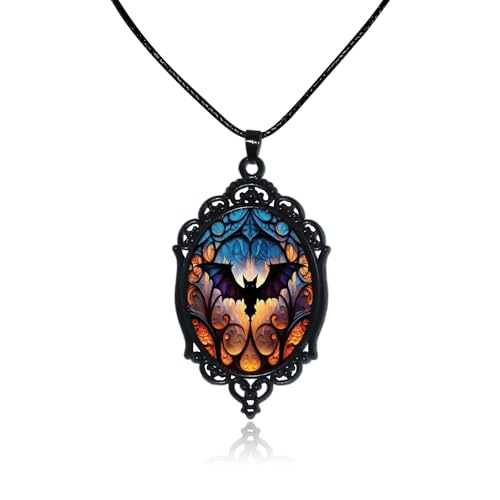 Halloween Gothic Witch Necklaces Cross Glass Pendant Necklace for Women Punk Vintage Black Dark Oval Cameo Necklace Witch Emo Necklaces Halloween Jewelry Witch Accessories 2025 - style: Bat