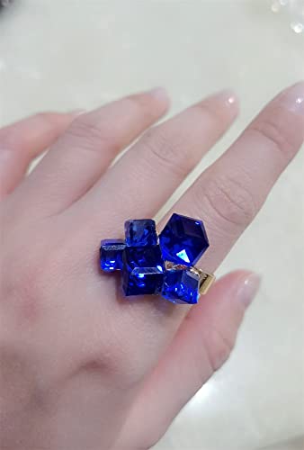 Hebelee Boho Square Crystal Statement Ring for Women Gold-Toned Adjustable Expandable Promise Engagement Geometric Rings Comfort Fit Elegant Art Deco Birthday Christmas Cocktail Party Y2K Jewelry - color: Blue
