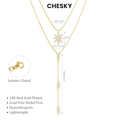 CHESKY Long Necklaces for Women, 14k Gold Plated/Streling Silver Lariat Necklace Dainty Statement Prom Necklace Rosary Cross Sun Drop Pendant Dangle Necklace Gold Prom Jewelry for Women Gifts - style: y necklace 08