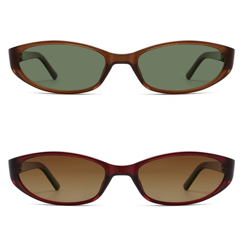 Retro Oval Sunglasses for Women Men Y2k Narrow Cat Eye Sunnies Skinny Shades AR82299 - color: 13. Brown+clear Red