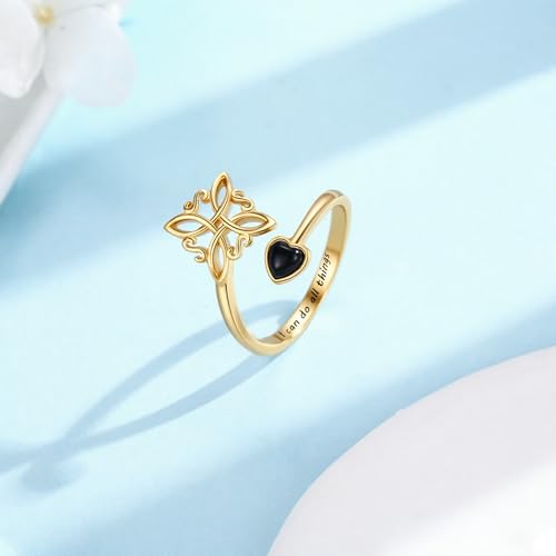 Witches Knot Ring 925 Sterling Silver Adjustable Black Onyx/Turquoise Gravel/Moss Agate/Turquoise/Moonstone Witch Ring Celtic Knot Amulet Wiccan Pagan Protection Jewelry Gifts for Women - style: Black Onyx Gold