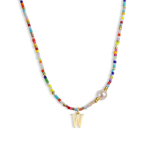 Colorful Pearl Beaded Initial Choker Necklaces for Women, Boho Handmade Personalized Seed Beads Letter Name Necklace Beach Surfer Bohemian Jewelry Gift - color: W