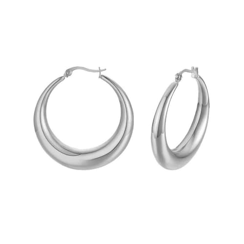 Chunky Gold Large Hoop Earrings for Women, Dainty 14K Gold Big Circle Round Statement Earrings Silver Trendy Thick Hoops Ear Jewelry for Anniversary - color: Silver
