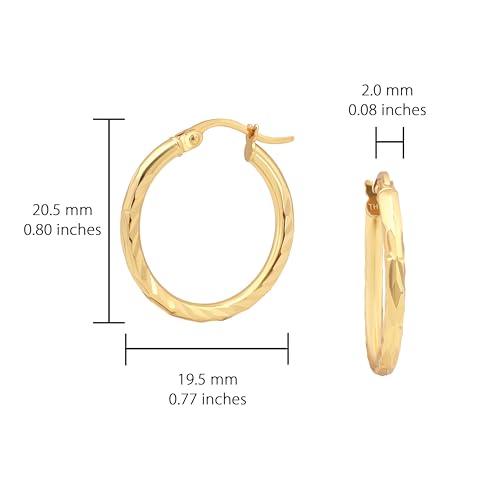 Hoops & Loops 925 Sterling Silver Diamond-Cut Hoop Earrings for Women, 2mm Textured Lightweight Click Top Hoops, 15mm 20mm 25mm 30mm, Silver 14k Yellow Gold & Rose Gold Flash Plated - color: Gold - 20mm (0.78'')