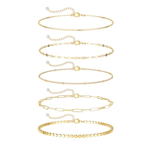 DEARMAY 14K Gold Plated Ankle Bracelets for Women Waterproof - Dainty 6Pcs Anklets Layered Cuban Link Chain Herringbone Cute Anklets Set Pack Summer Beach Jewelry Gift for Women Teen - color: Gold Anklet C