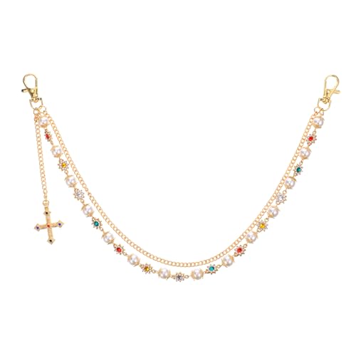 Hip Hop Waist Belt Chain Pearl Rhinestones Cross Double Layer Pants Chain Punk Rock Gold Chains for Pants Jeans Concerts Festivals Daily Outfits keychain Wallet Bag Jewelry Men Women