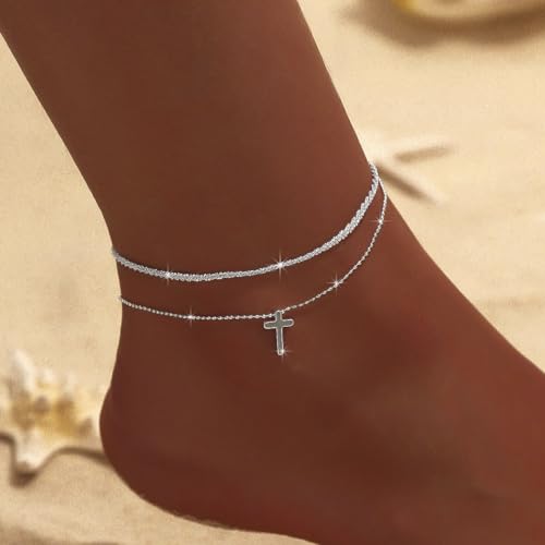 Ankle Bracelets for Women Gold Silver Layered Glitter Anklet for Women Waterproof Beach Cross Anklet Set Dainty Summer Foot Jewelry - color: Chunky Silver Layered Cross Anklet