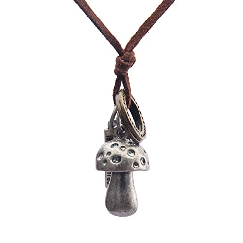 PU Leather Necklace Vintage Boho Style Multilayer Pendant Long Sweater Necklace Jewelry for Women Men with Adjustable Leather Cord - color: Mushroom Pendant Leather Necklace