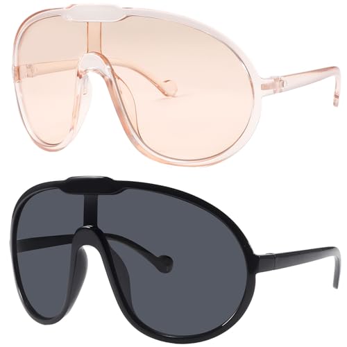 Dollger Oversized One Piece Sunglasses For Women Fashion Men Wrap Around UV400 Shield Goggles - color: 2 Packs: Black+champagne