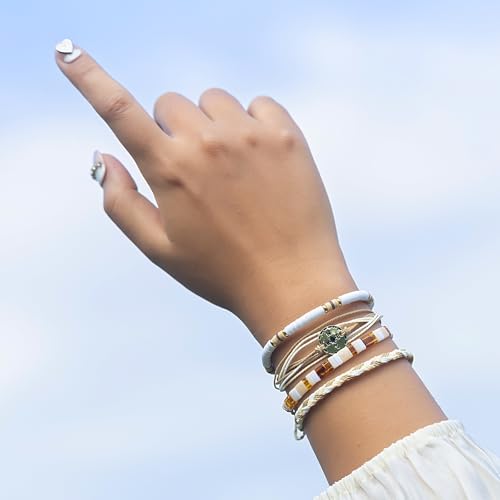 FANCY SHINY Boho Nautical Compass String Bracelets Beaded Clay Beads Bracelet Stackable Friendship Bracelets Summer Beach Outfits for Women Girls - color: Sand