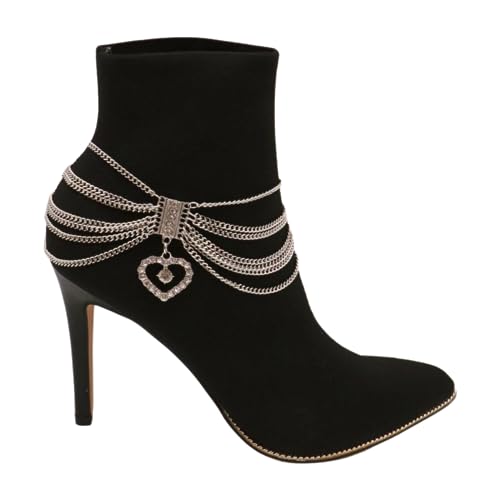 Women Fashion 2 Boot Bracelets Bling Metal Chain High Heel Link Love Heart Charm Silver A PAIR