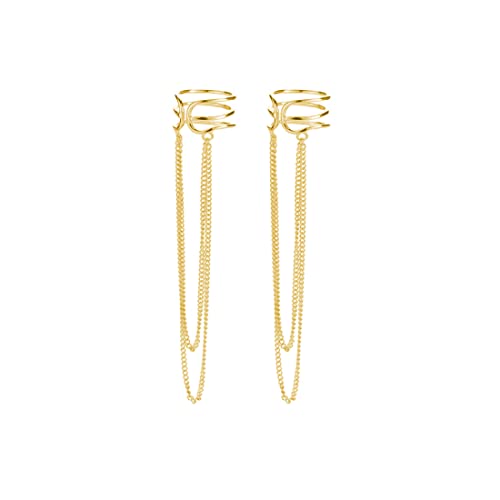 SLUYNZ 925 Sterling Silver No Piercing Cuff Earrings Chain for Women Wrap Earrings Tassel Clip On Ear - color: Gold Plated