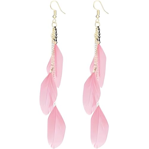 coadipress Boho Piercing Tassel Feather Long Chain Earrings Retro Lightweight Native Feather Dangle Drop Earrings for Women Bohemian Handmade Natural Feathers Earring Jewelry - color: Pink