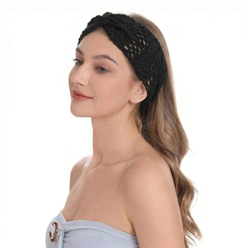 ZLYC Women Headband Handmade Crochet Knit Boho Flower Hair Bands (Twist Knotted Black) - color: Twist Knotted Black