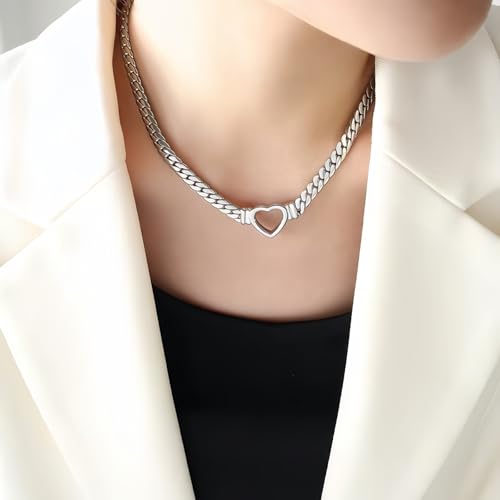 Heart Choker,Stainless Steel Necklace for Women,Chunky Heart Pendant, 40cm Length, 21.5g Weight - color: silvery