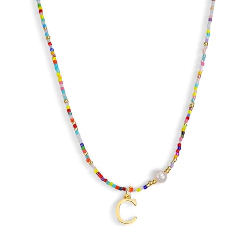 Colorful Pearl Beaded Initial Choker Necklaces for Women, Boho Handmade Personalized Seed Beads Letter Name Necklace Beach Surfer Bohemian Jewelry Gift - color: C