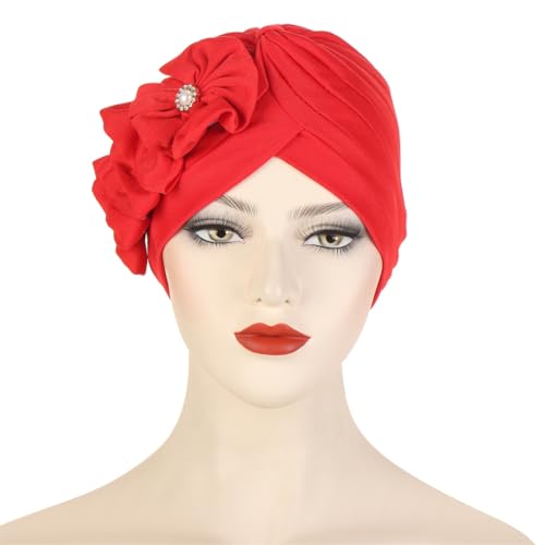 Flower Turban Hats for Women - Ruffle Bead Stretch Solid Caps Chemo Cancer Pre Tied Headscarf Headwear - color: Red