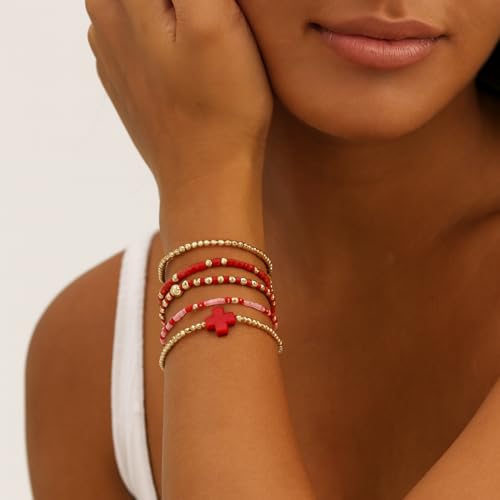 Gold Beaded Cross Bracelet for Women, 14K Plated Adjustable Stackable Dainty Bracelets, Non Tarnish Fashion Jewelry Set Gifts for Women Birthday Friendship - color: Colors-11