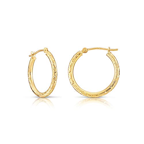14k Yellow Gold Hand Engraved Diamond-cut Round Hoop Earrings - style: 20mm (0.78 inch)