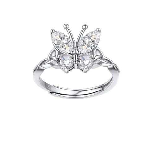 Bestyle 925 Sterling Silver Butterfly Ring Hypoallergnic Adjustable Birthstone Rings for Women Butterfly Jewelry Gifts for Anniversary Mothers' Day Birthday - color: 04.April (Clear Quartz)-Ring