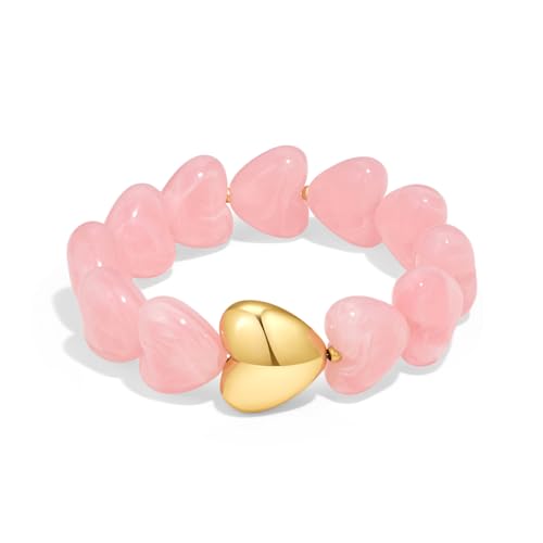 Multicolor Chunky Beaded Bracelet for Women Bold Acrylic Resin Stretch Bracelet Summer Beach Statement Bracelets Trendy Elastic Bangle Jewelry - color: Heart bracelet-pink
