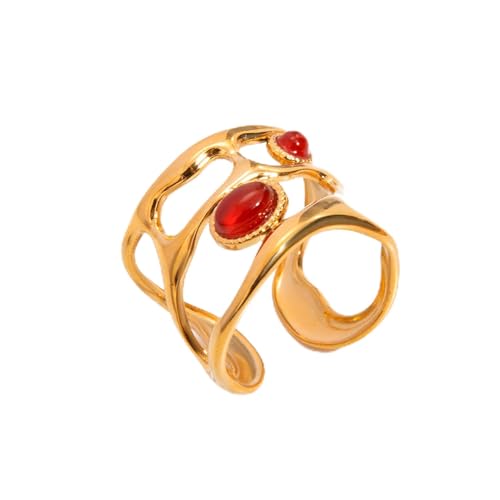 Boho Red Heart Gold Band Rings Pearl Ring, Dainty Adjustable Statement Rings, Open Wrap Stackable Finger Ring Gold Fashion Jewelry Gifts for Women - color: Gold Hollow Ring - Ruby