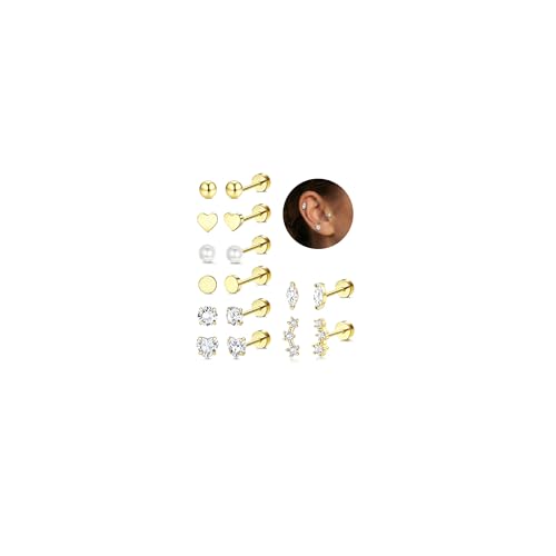 Incaton Hypoallergenic Flat Back Earrings for Women Silver 14K Gold Plated Surgical Stainless Steel Stud Earrings Cubic Zirconia Cartilage Studs Earrings For Multiple Piercing Sensitive Ears - color: 5-GOLD