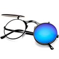 AIEYEZO Round Flip Up Sunglasses for Men and Women Rave Flip Glasses 90's Retro Steampunk Style - color: Black/Ice Blue Mirror