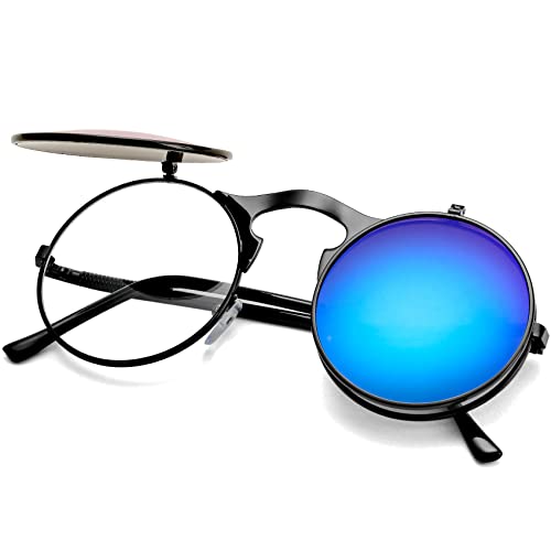 AIEYEZO Round Flip Up Sunglasses for Men and Women Rave Flip Glasses 90's Retro Steampunk Style - color: Black/Ice Blue Mirror
