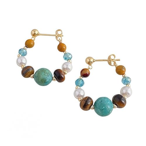 Boho Earrings for Women Natural Stone Beaded Handmade Vintage Dangle Earrings Bohemian Lightweight Hypoallergenic Jewelry for Dailywear Festival Occasions - color: Natural stone hoop