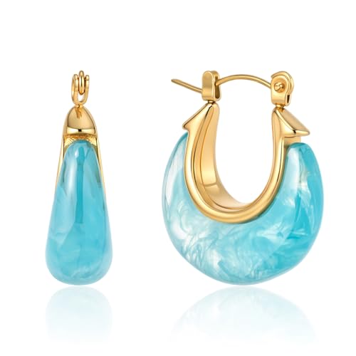 Fullpop Vintage Earrings for Women, Chunky 14K Gold Plated Resin Hoop Earrings Lightweight Hollow Drop Earrings Hypoallergenic Earrings for Women Vintage Anthropologie Jewelry Gifts for Women - size: Round-Blue