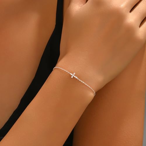 Double Cross Bracelet for Women 925 Sterling Silver Dainty 14K Gold Plated Cubic Zirconia Bracelet Faith Christian Bracelets Adjustable Chain Religious Christian Baptism Jewelry Gifts - color: Silver