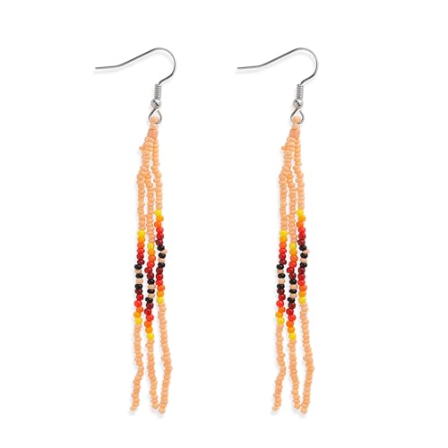 Native Long Beaded Tassel Earrings for Women, Boho Handmade Colorful Beads Statement Dangle Earing Prom Jewelry Gift. - color: Pale Orange