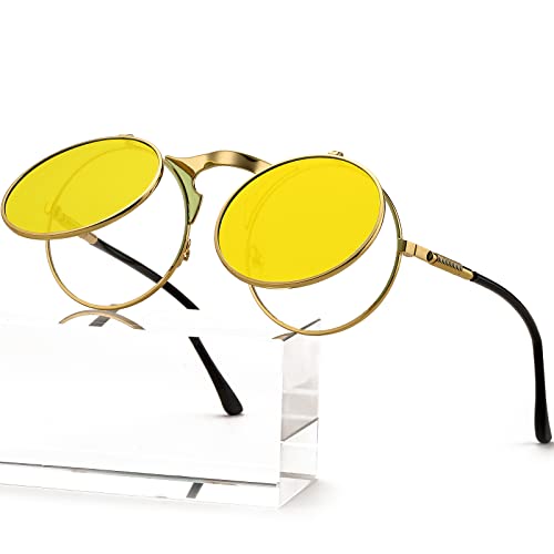 AIEYEZO Round Flip Up Sunglasses for Men and Women Rave Flip Glasses 90's Retro Steampunk Style - color: Gold/Clear Yellow