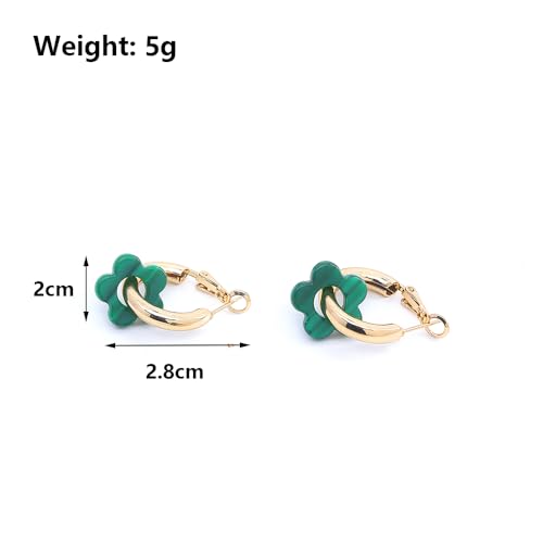 Chunky Acrylic Gold Small Flower Hoop Huggie Earrings, Colorful Boho Ear Piercing Dangle Drop Earrings, Dainty Chic Charm Jewelry Gift - color: Green
