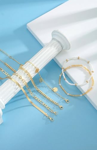 FAXHION Gold Anklets for Women Waterproof, Adjustable Boho Stacking Dangle Coin White Bead Cuban Link Chain Anklets Set, Summer Layered Beach Jewelry Gift for Women - color: Gold-10