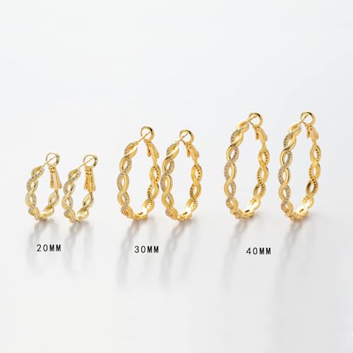 Senteria 925 Sterling Silver Post Hoops Earrings for Women Lightweight Twisted Hoop Earrings With Cubic Zirconia Hypoallergenic Silver Hoops Earrings (20/30/40/50/60MM) - color: gold-20/30mm