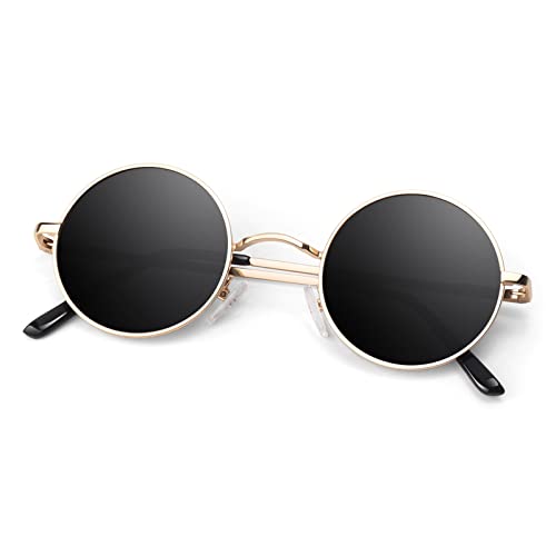 Round Polarized Sunglasses Men Women,Retro Metal Hippie Shades with 100% UV Protection - color: A03- Golden Frame Black Lens