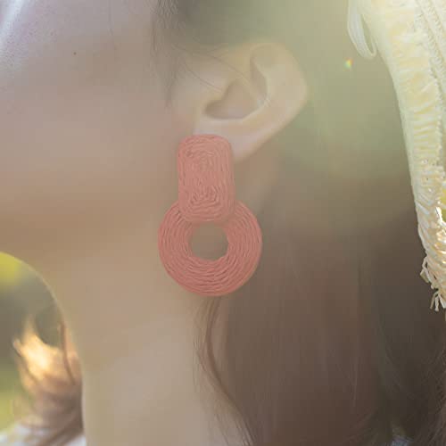 Statement Raffia Earrings Cute Boho Earrings Rattan Dangle Earrings Handmade Straw Wrap Earrings Summer Drop Dangling Earrings for Women Teen Girls - color: Red