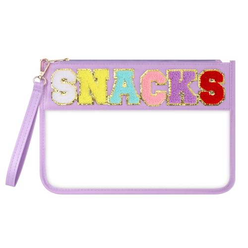 Clear Snack Bag for Travel, Chenille Letter Clear Zipper Snacks Pouch Nylon Cosmetic Bag Makeup Travel Bag for Women - color: Purple