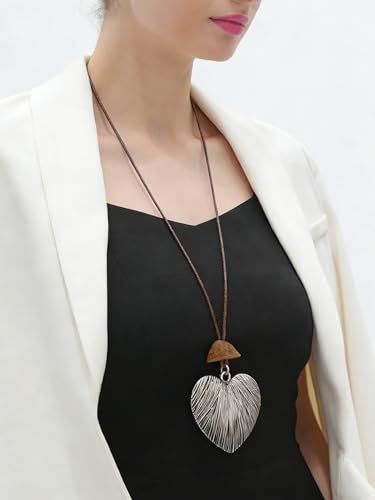 Kelake Leather Necklace for Women Men Teen Vinatge Boho Alloy Pendant Choker Jewelry Fashion Sweater Necklaces with Adjustable Genuine Leather Chain - color: Brown Jade Silver Heart Pendant Necklace