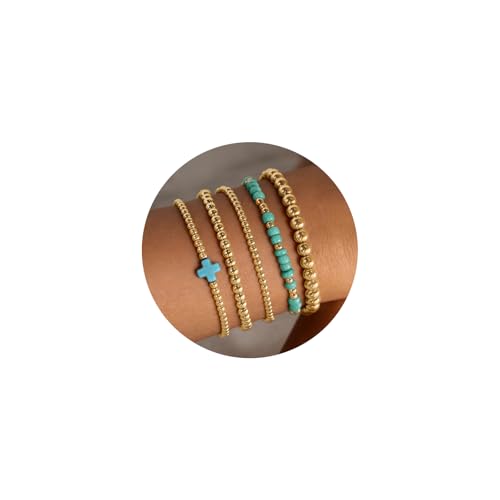 VIBILIA Gold Beaded Bracelets Set for Women 14K Gold Plated Dainty Pearl Cross Bracelet Stack Stretch Bracelet Set Fashion Accessories Gifts - color: 5P-MZSZJ-Green