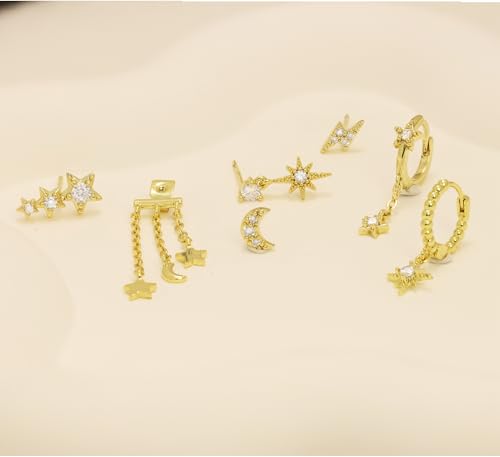 6 Pcs/6 Pairs Hypoallergenic 925 Sterling Silver Stud Post 14K Gold Earrings for Women Moon Star Hoop Stackable Cubic Zirconia Chain Dangle Earring Set Stacks for Multiple Piercings - color: Gold Star Chains