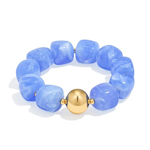 Multicolor Chunky Beaded Bracelet for Women Bold Acrylic Resin Stretch Bracelet Summer Beach Statement Bracelets Trendy Elastic Bangle Jewelry - color: Bead bracelet-light blue