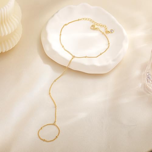 CHESKY 14k Gold Plated Hand Chain Bracelet for Women Trendy, Dainty Ring Bracelets Hand Chain Finger Nail Bracelet Simple Gold Hand Jewelry for Women Gifts - style: Bead