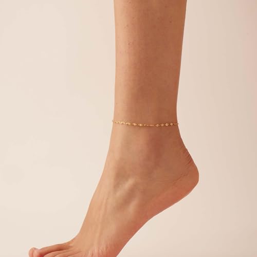Dainty Ankle Bracelets for Women 18K Gold Plated Satellite Beaded Herringbone Lip Chain Anklets Simple Minimalist Summer Beach Foot Jewelry Christmas Gifts - color: Lip-Gold