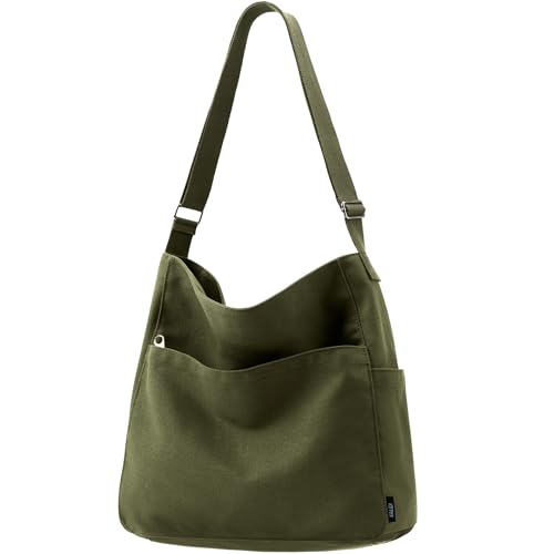 KALIDI Canvas Tote Bag Large Hobo Crossbody Shoulder Handbag Zipper Messenger Bag for Women or Men Casual College Work - color: Army Green