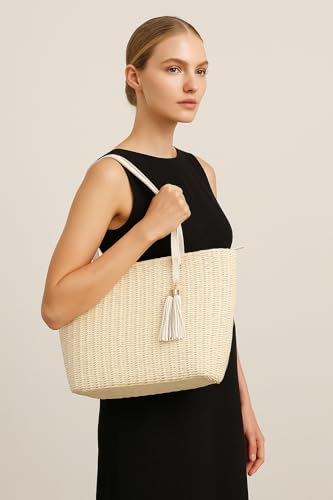 YXILEE Straw Bags For Women | M Size Travel Straw Totes Bag Woven Summer Handmade Shoulder Bag Handbag - color: White